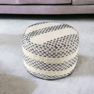 18" Ivory and Blue Cotton Blend Round Striped Pouf Ottoman