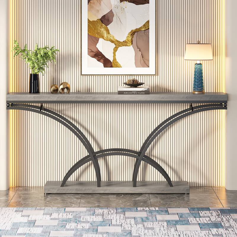 70.9'' Faux Marble Console Sofa Table with Half-Moon Shaped Metal Legs for Entryway, Accent Tables for Living Room - Grey