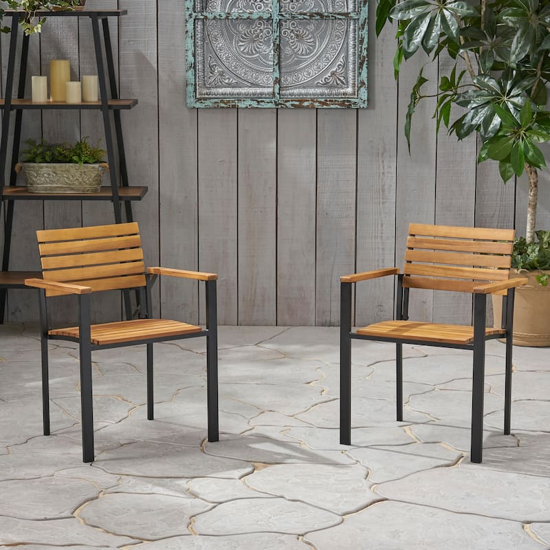 Roomfitters Outdoor Patio Dining Chairs, Wood and Metal Armchairs with Slatted Back for Garden Deck, Teak+ Black - Brown