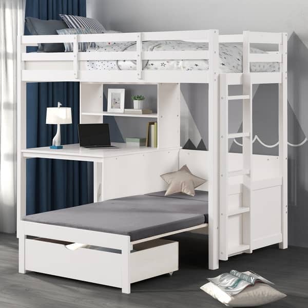 slide 2 of 6, Furniture of America Aurelian Modern Twin 3-in-1 White Solid Pinewood Loft Bed with Desk and Convertible Bench White