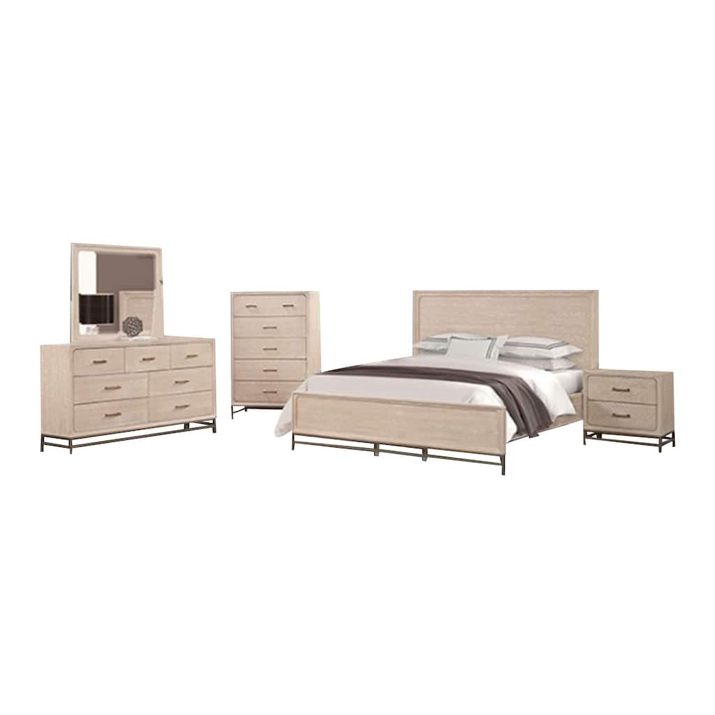 Rozie 5pc Queen Bedroom Set, Chest, Dresser Mirror, Light Oak Brown