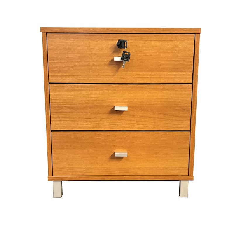 Light Cherry Three-Drawer Nightstand with Locking Top Drawer and Metal Drawer Glides, Faux Silver Legs