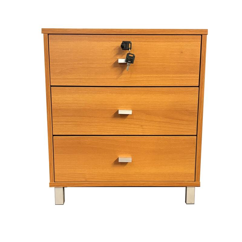 Three-Drawer Nightstand with Locking Top Drawer, Metal Handles, Light Cherry Finish