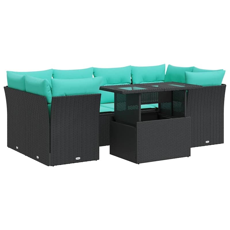 vidaXL 7 Piece Patio Sofa Set with Cushions Black Poly Rattan Acacia - 21.7 x 24.4 x 27.2