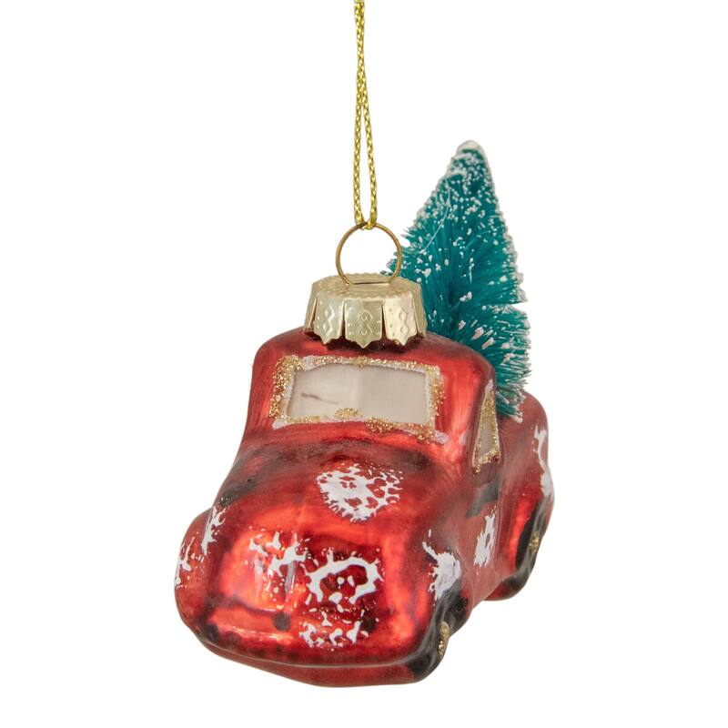 Metallic Truck with a Sisal Tree Glass Christmas Ornament - 3.75" - Red and White - 2.25"