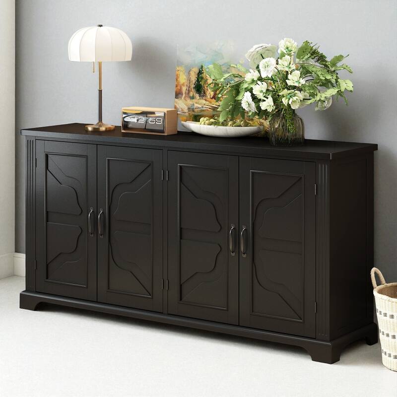 62.8" Rustic Wood Sideboard with Solid Pine Doors, Adjustable Shelves and Metal Handles for Hallway or Kitchen