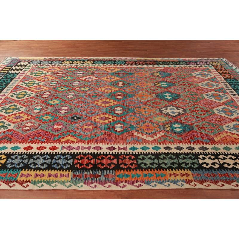 Reversible Kilim Oriental Area Rug Bedroom Hand-Woven Wool Carpet - 9'6"x 13'1"