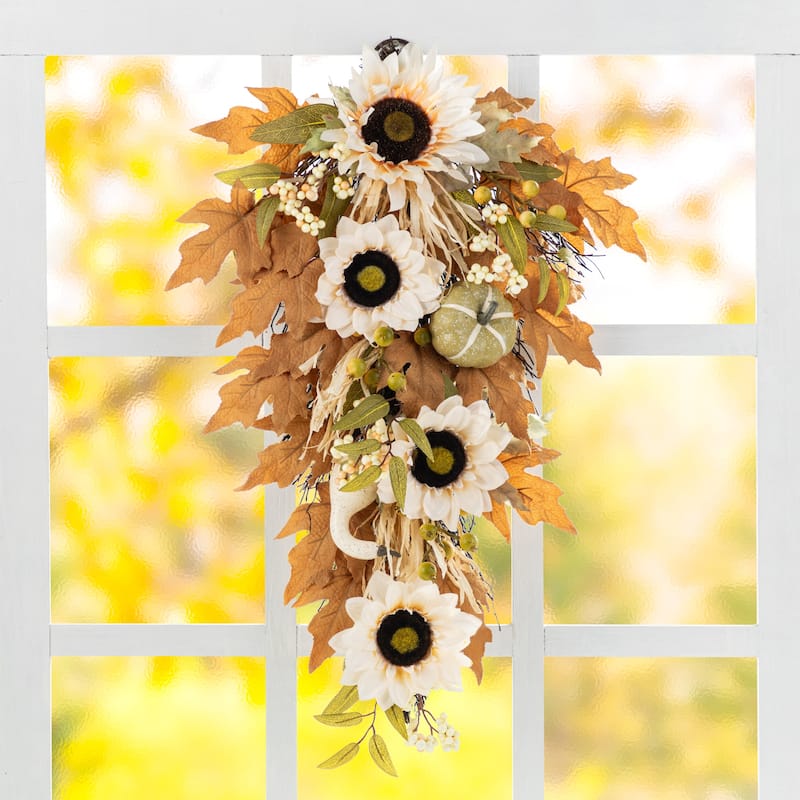 Glitzhome 26"H Fall Sunflower Pumpkin Lotus Leaf Teardrop Swag for Thanksgiving