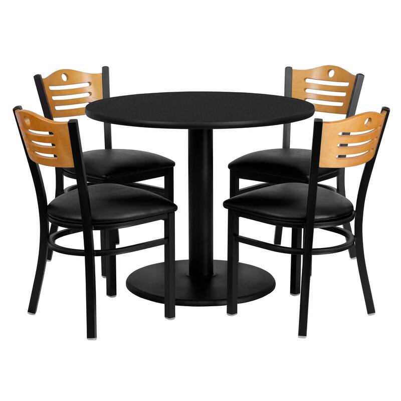 36'' Round Laminate Table Set with 4 Wood Slat Back Metal Chairs - Black
