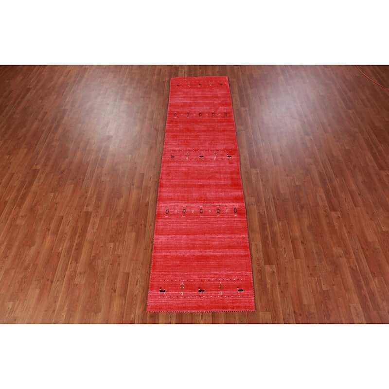 Hand Knotted Oriental 100% Wool Carpet Tribal Animal Pictorial Red Gabbeh Runner Rug - 10' 0'' X 2' 7''