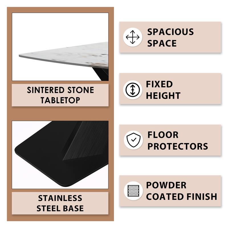 Voren Dining Table with Stone or Glass Tabletop in Black Steel Base