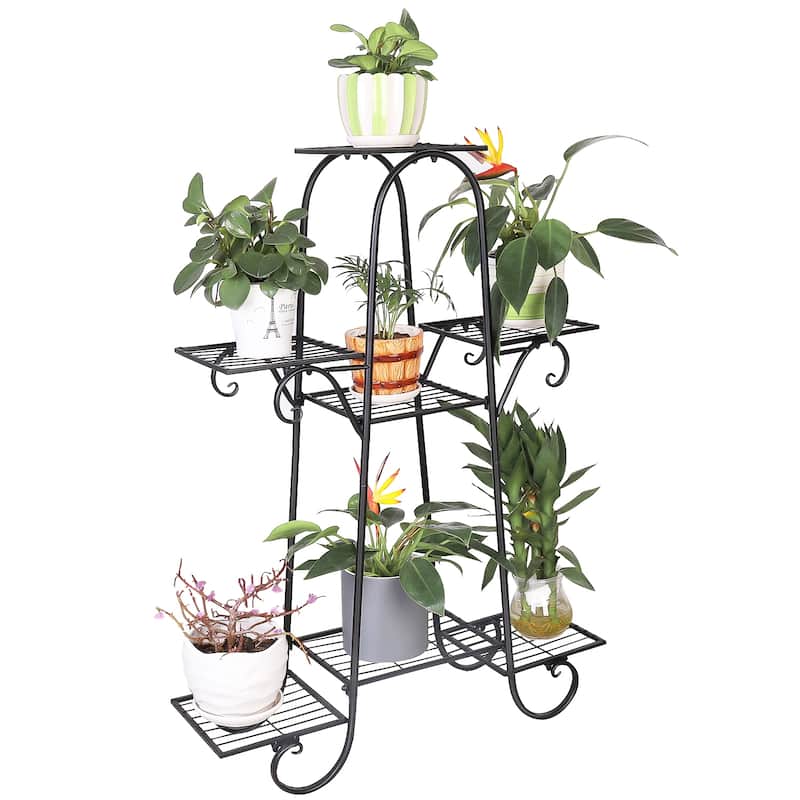 6 Tier Metal Shelves Flower Pot Plant Stand Display Indoor Outdoor - L - L - Black