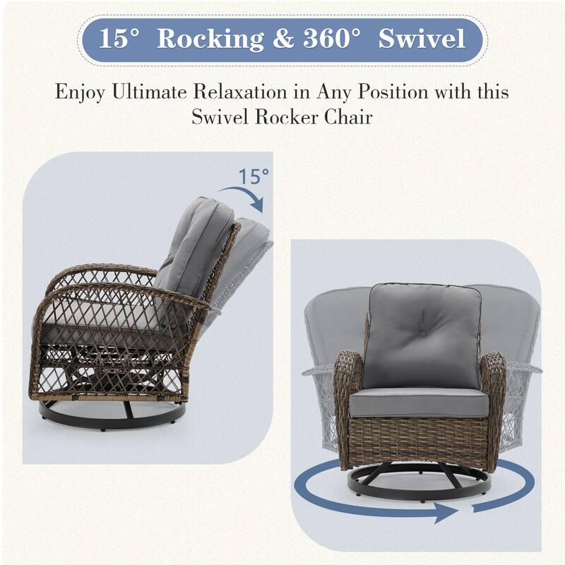 360° Swivel Rocking Patio Chairs Set with Thick Cushions & Tempered Glass Table | Indoor Living Room / Balcony| 3/5-Piece