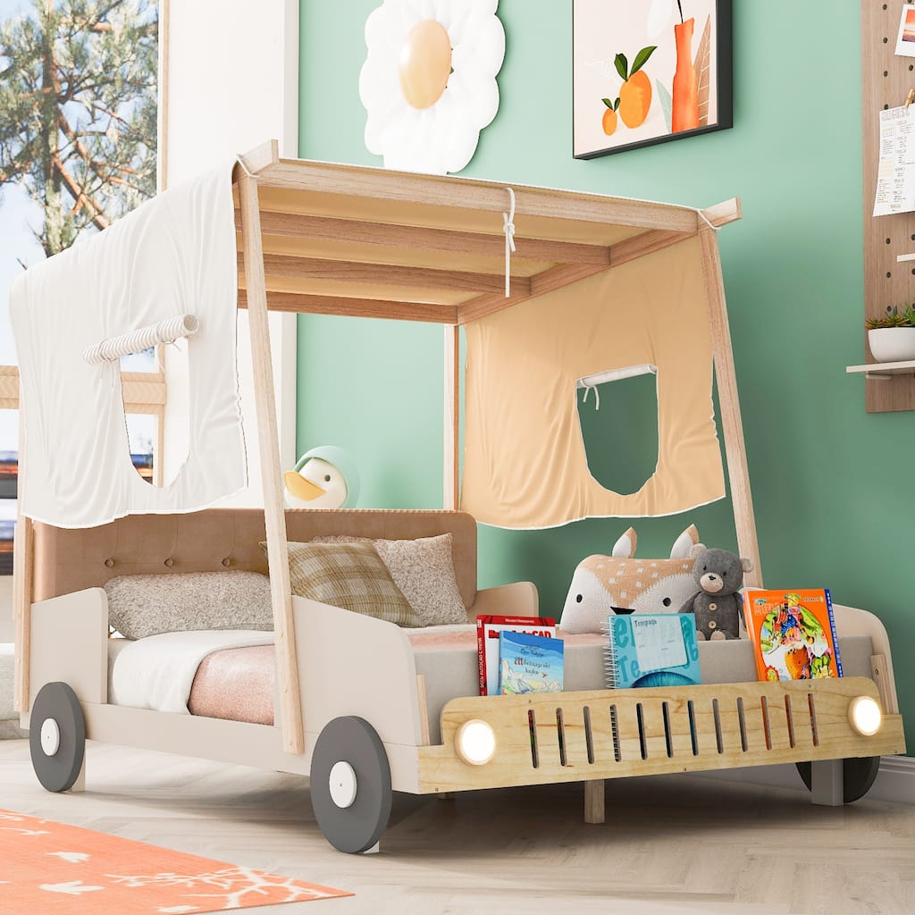 Twin/Full Size Car Bed with LED Lights, Pillow, and Magazine Holder, Sturdy Pine Wood Bed for Kids, Natural Wood