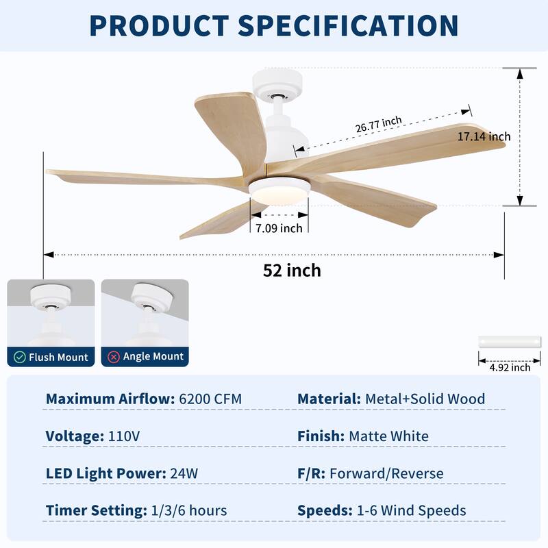 52 inch Natural Style Cozy Solid Wood White Ceiling Fan with Light, Quiet DC Motor