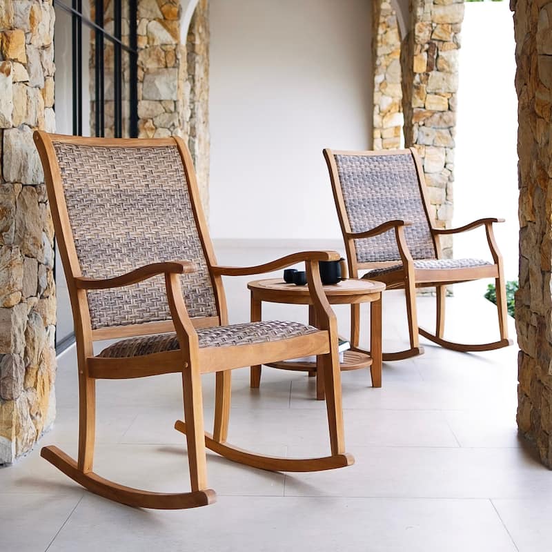 Cambridge Casual Camden 3-Piece Solid Teak Wood Outdoor Wicker Rocking Chair Set with Padded Woven Seat
