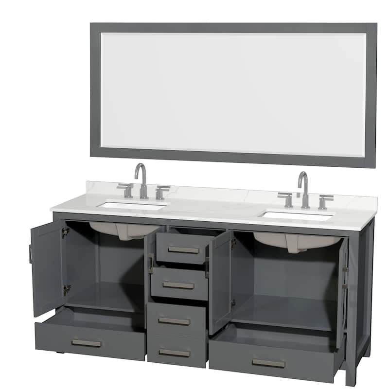 Sheffield 72-inch Double Vanity, 3 Hole Quartz Top, 70-inch Mirror