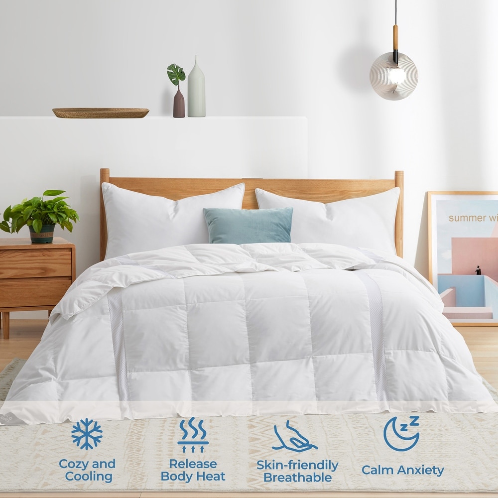 Lightweight Breathable White Down Comforter for Hot Sleeper, Cooling Mesh Design Oversized Blanket