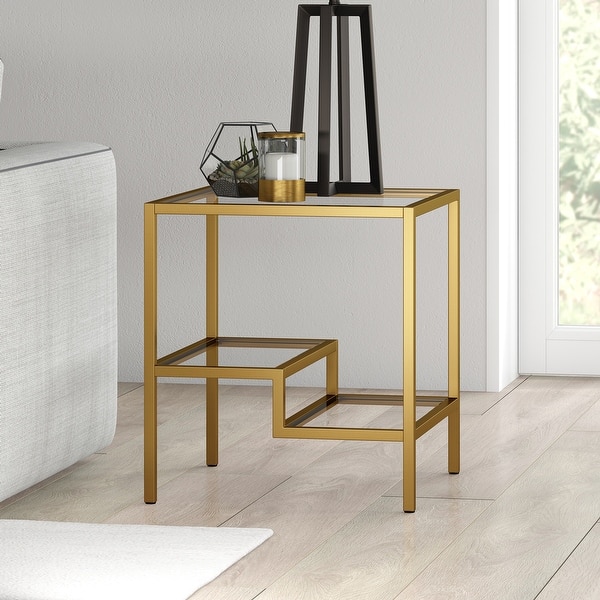 Small Wood Top Side Table with Brass Faux Bamboo Legs