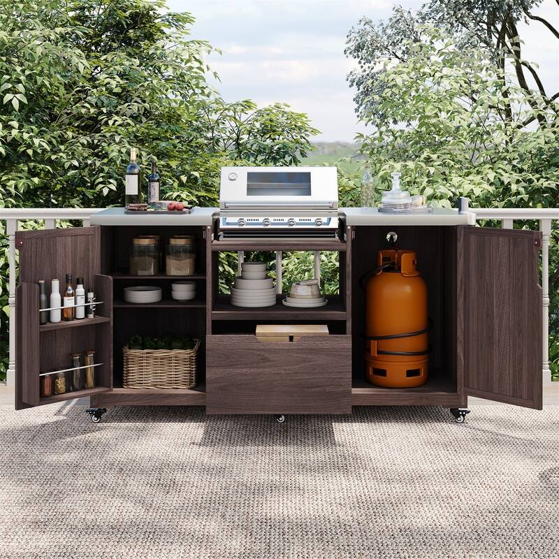 Outdoor Kitchen Island for Big Green Egg Grills, Solid Wood Outdoor Grill Cart w/Stainless Steel Top &Drawer, Patio Kitchen Cart