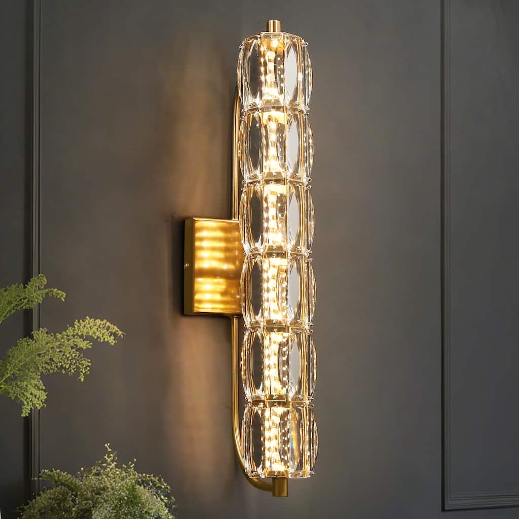 Modern Gold LED 1-Light Crystal Cylinder Wall Sconce Bathroom Vanity Light - Dia. 4.3" x H 19.7"