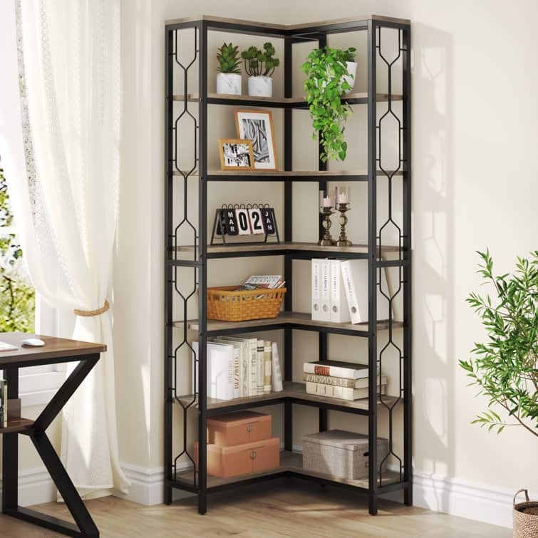 7-Tier Corner Bookshelf, White Corner Shelf Modern Etagere Bookcase - Rustic Grey