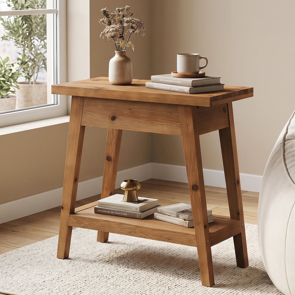 End Table for Living Room, 2-Tier Solid Wood Side Table with Storage, Rectangle Nightstand for Bedroom, Living Room