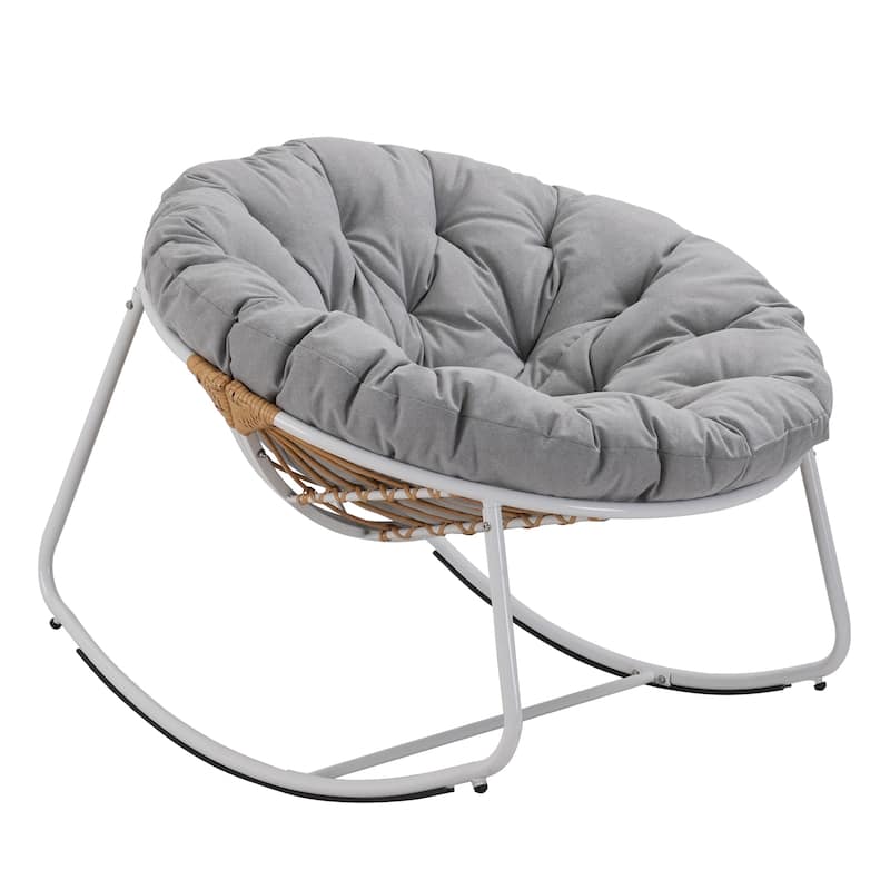 Outdoor Padded Cushion Rocking Chair, Oversized Metal Frame Egg Chair - Grey