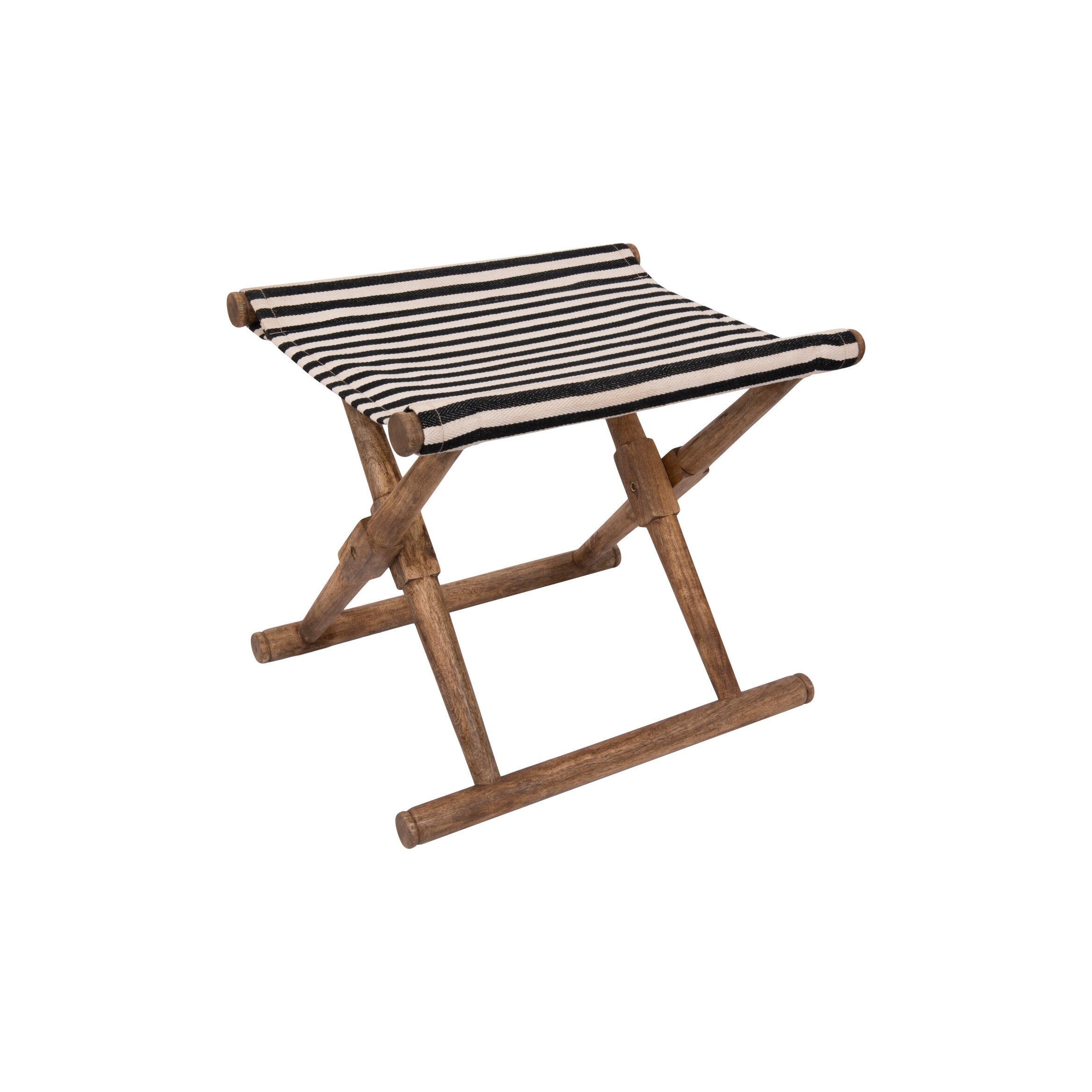 Folding Mango Wood Stool with Black White Striped Cotton Fabric Seat