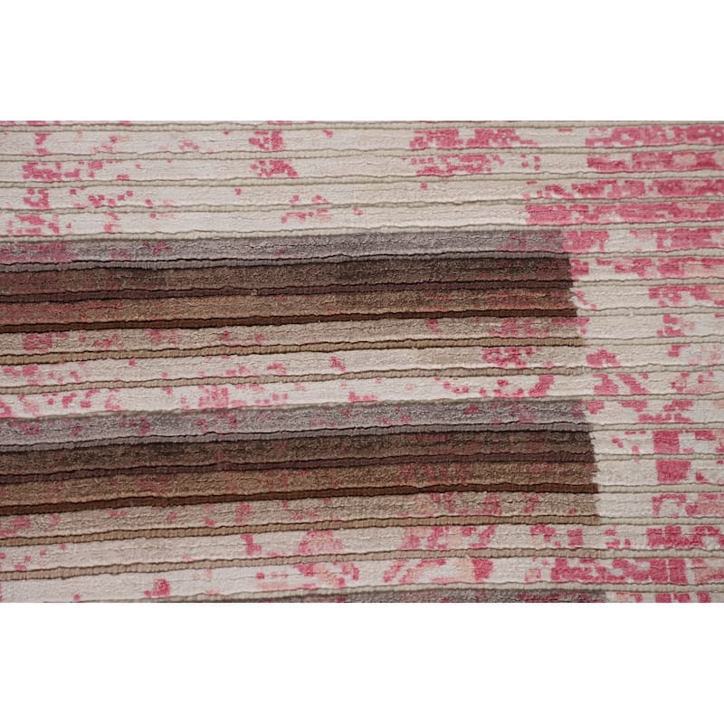 Striped Pink Abstract Area Rug Hand-Knotted Modern Wool Carpet - 6'6"x 9'0"