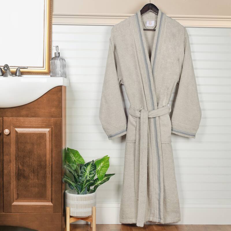 Superior Unisex Turkish Cotton Terry Kimono Bathrobe with Embroidery Robe - Small - Stone/Grey