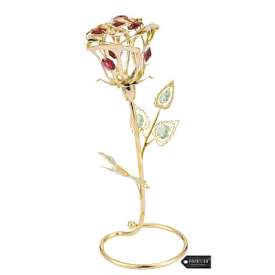 Matashi 24K Gold Plated Rose Flower Tabletop Ornament w/ Red, Pink & Green Matashi Crystals Metal Floral Arrangement