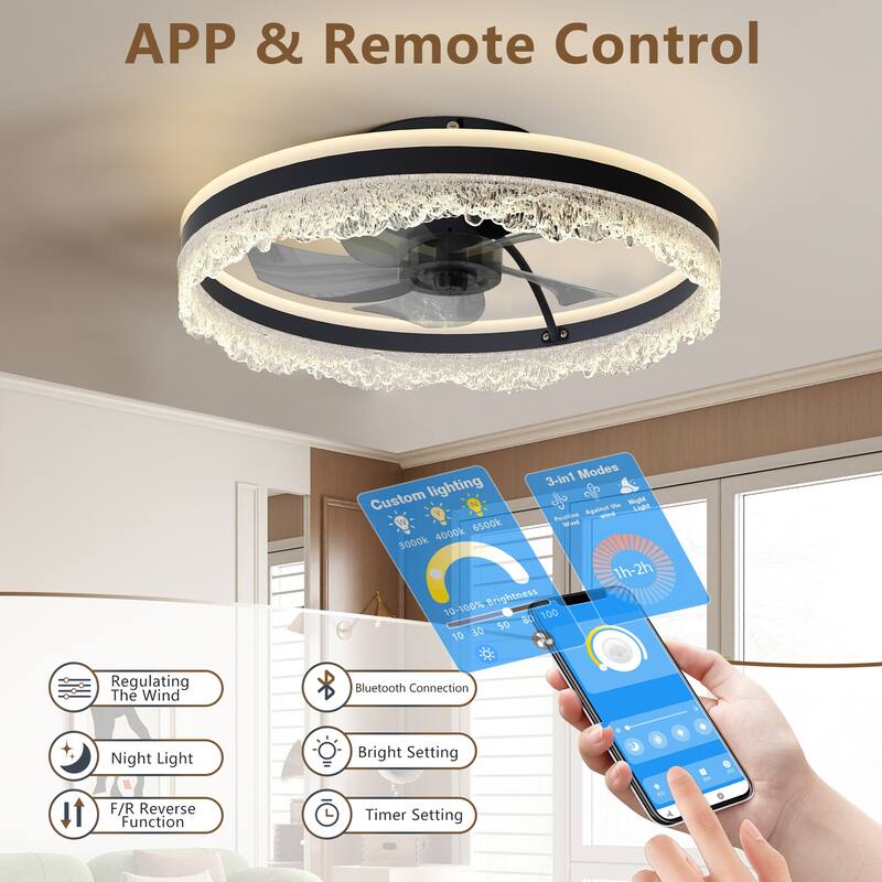 20" Smart Silent Ceiling Fan with Light - Crystal Flush Mount LED Fan Lamp with Hidden Blades and Natural Airflow System - Black