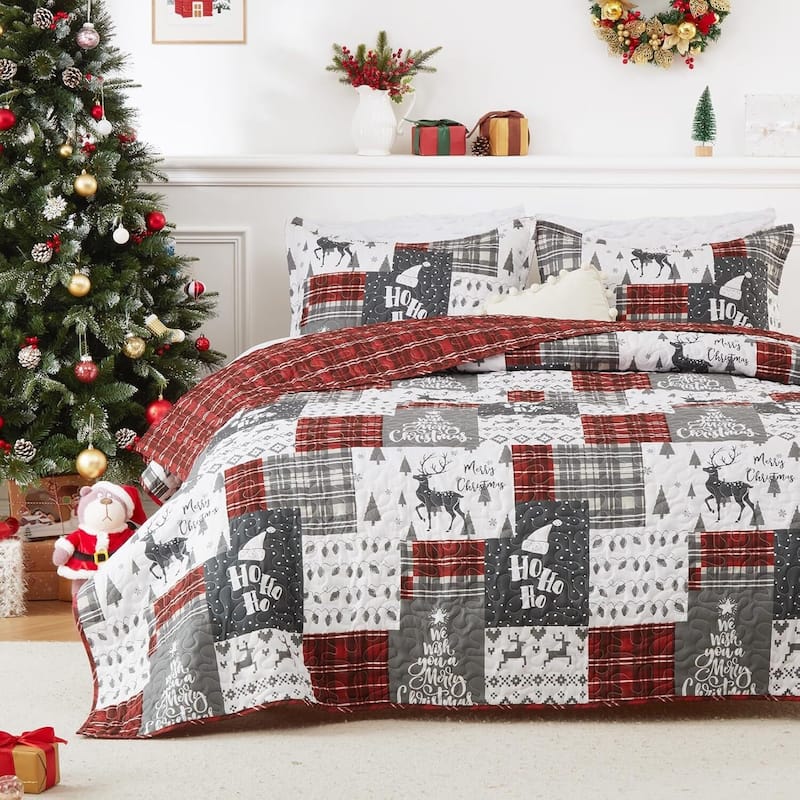 Christmas Plaid Quilts Coverlet Bed Set with Pillow Shams, Bedding Set