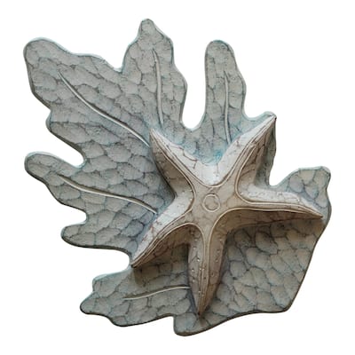 White Starfish on Aqua Reef Carved Wood Wall Plaque 11 Inches - White,Aqua