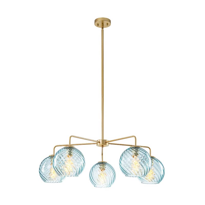 5-Light Blue Swirled Glass Globe Bubble Round Chandelier 35in