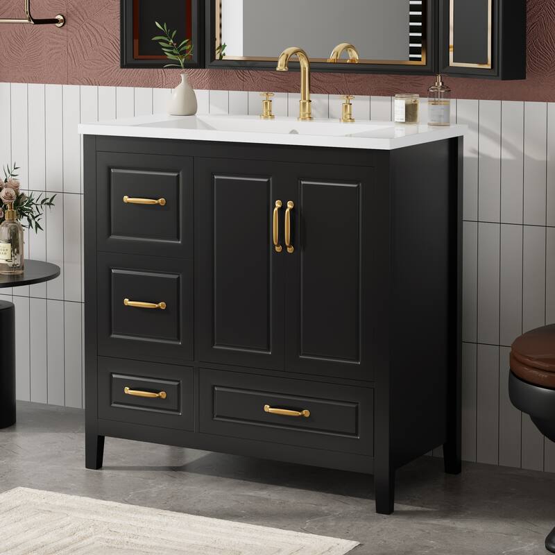 36 inch Bathroom Vanity with Sink, One Cabinet with Soft-closing Doors, 4 Soft-Closing Drawers, Metal Handles
