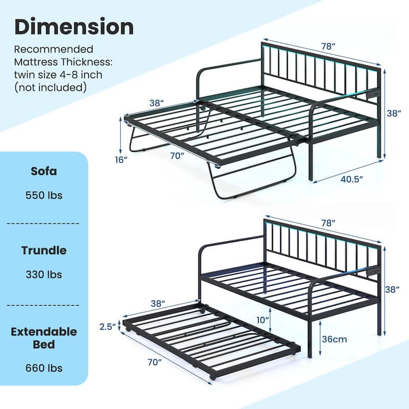 Costway Twin Daybed Adjustable Sofa Bed Frame with Charging Station &