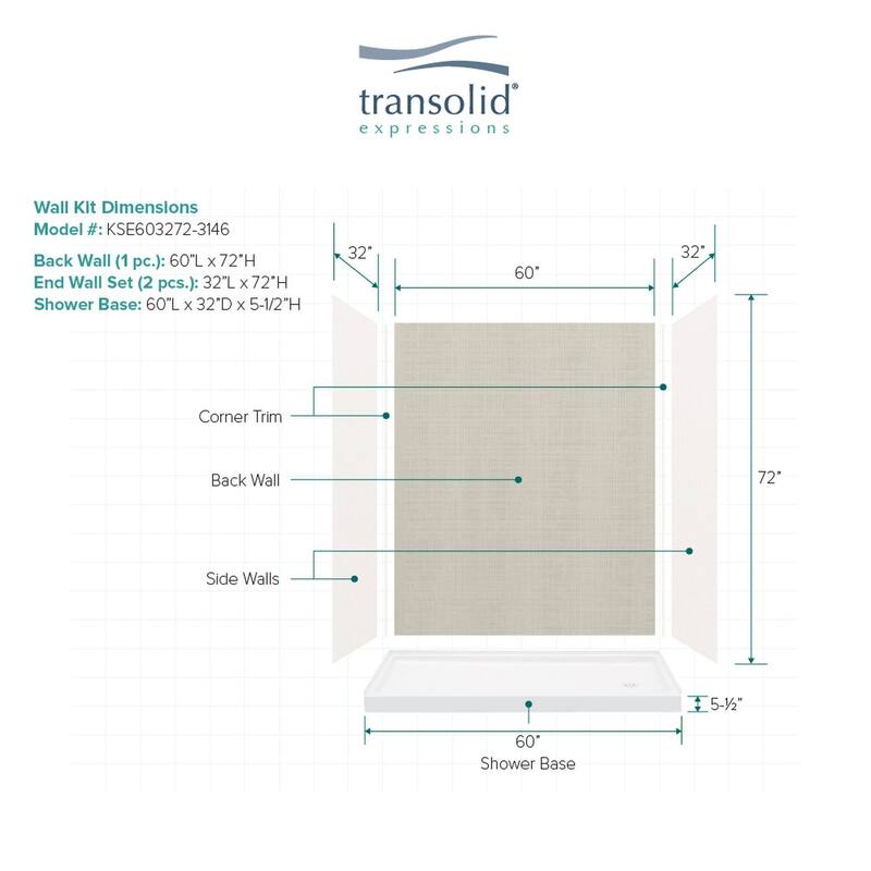 Transolid Expressions 60-in X 32-in X 72-in Glue to Wall Shower Kit - 32" x 60" x 72"