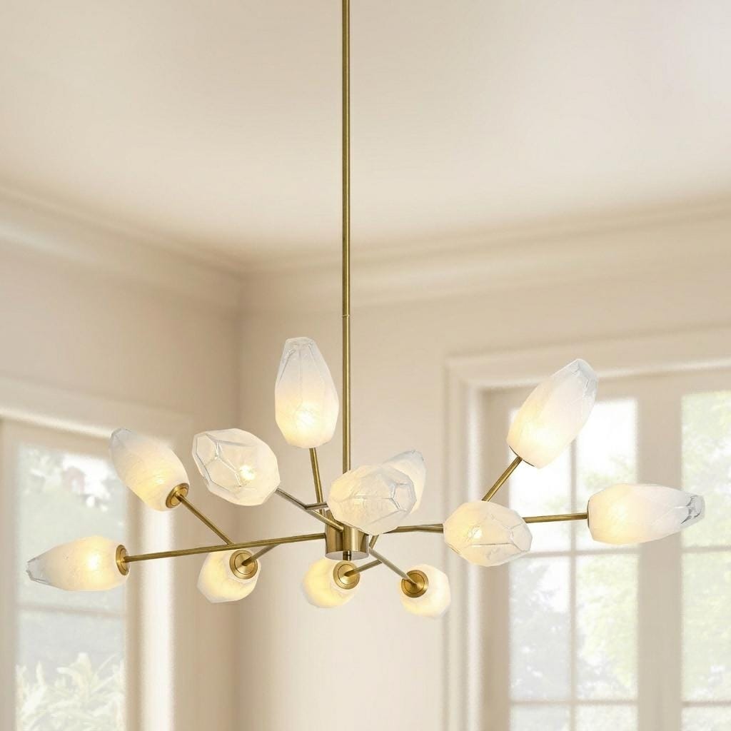 12-Light Modern Luxury Sputnik Opal Frosted Glass Tulip Bud Adjustable Kitchen Island Pendant Light in Brass Finish