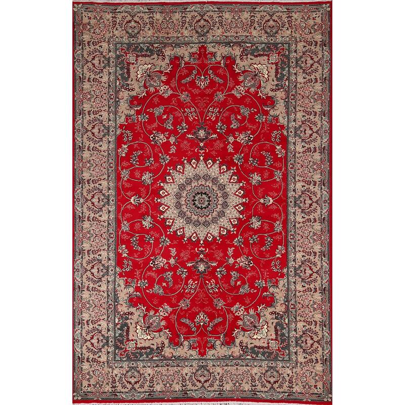 Red Medallion Kashan Turkish Rug Machine-Made Floral Carpet - 6'4" x 9'8"
