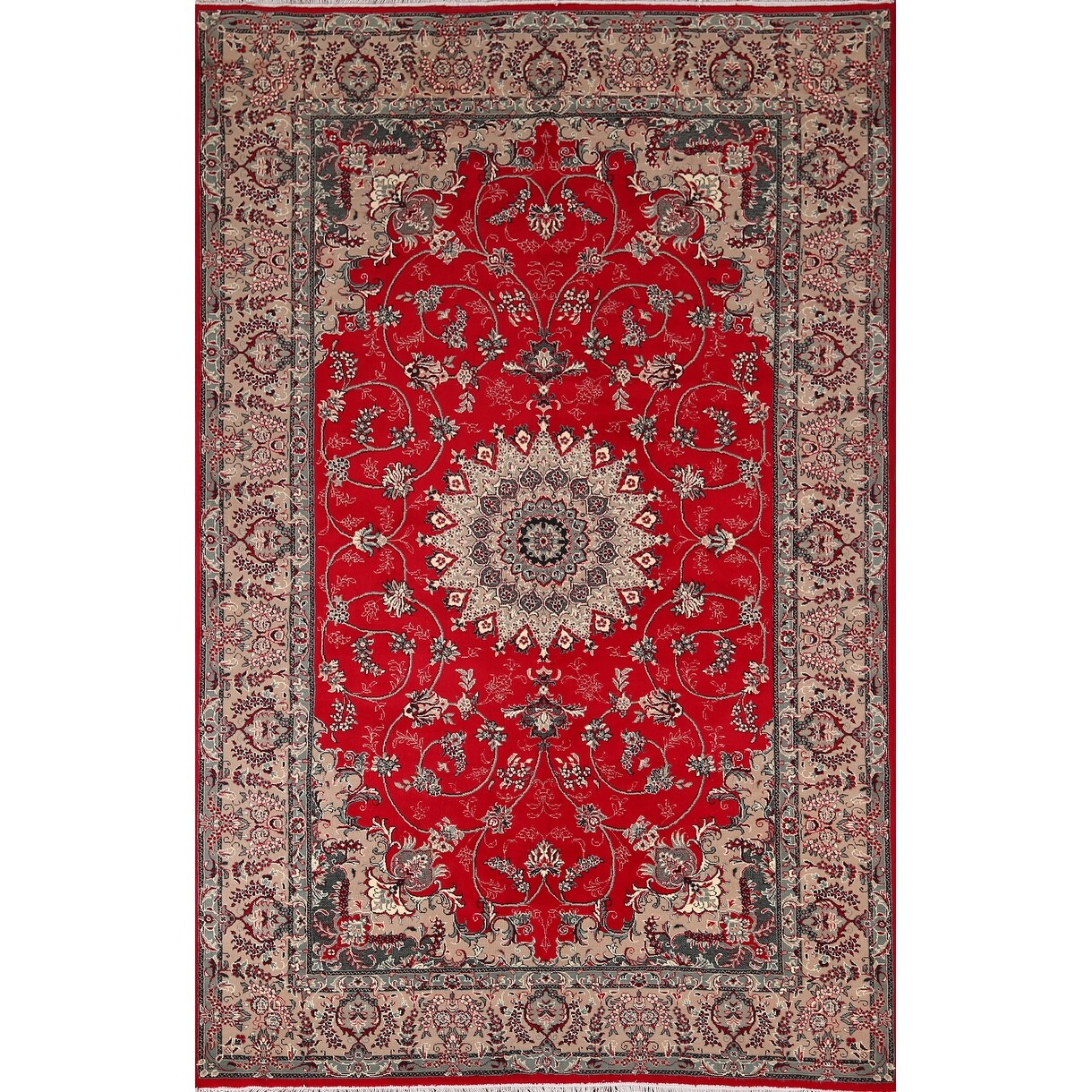 Red Medallion Kashan Turkish Rug Machine-Made Floral Carpet - 6'4" x 9'8"