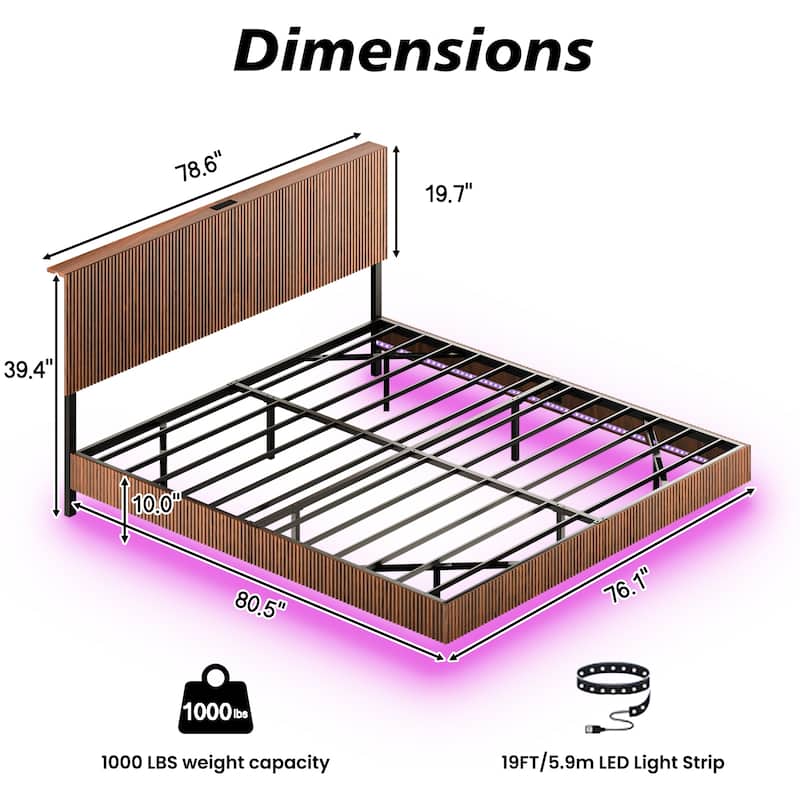 Floating Platform Bed with Charging Station and LED Lights, Wavy Headboard, Heavy-Duty Metal Slats, No Box Spring Required