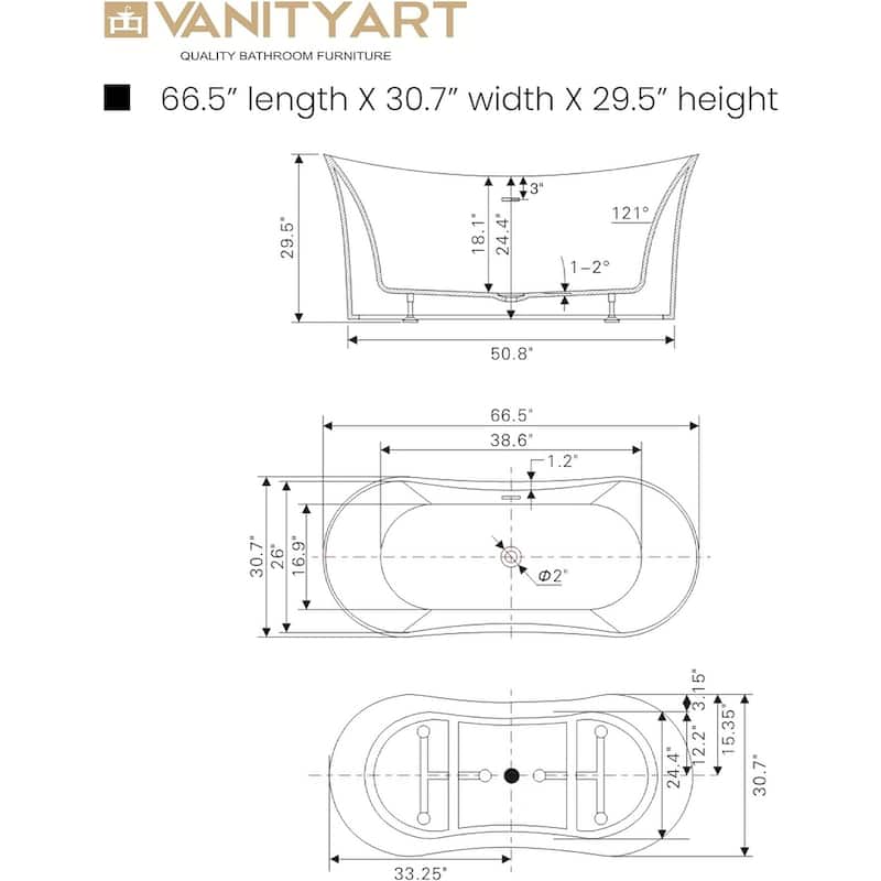 Vanity Art 67 inch Acrylic Freestanding Soaking Bathtub