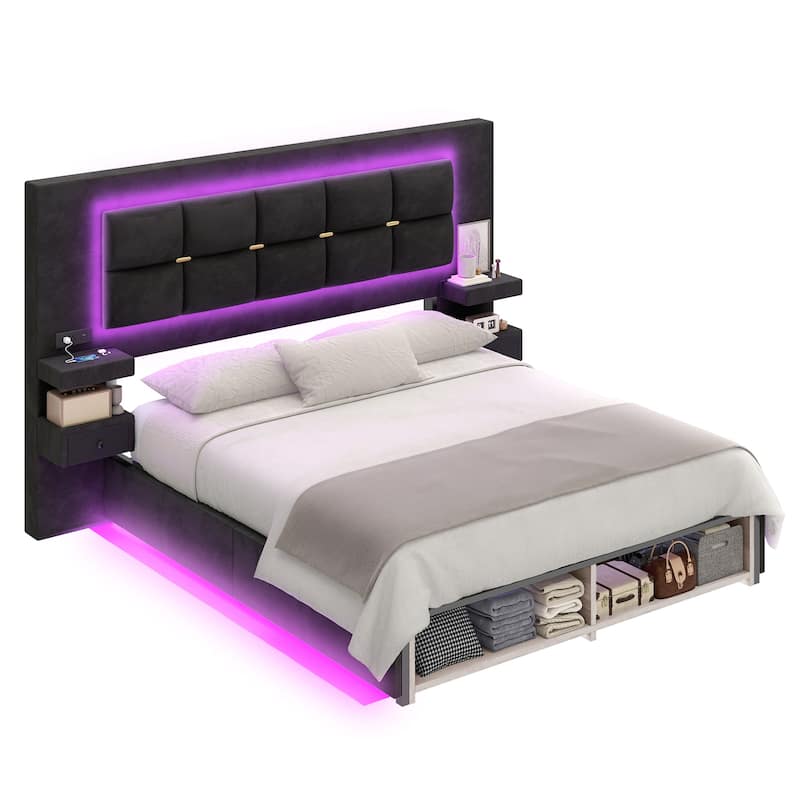 Moasis Queen Size Luxury Velve Bed Frame with Upholstered Oversize Headboard and LED Lights and Charging Station