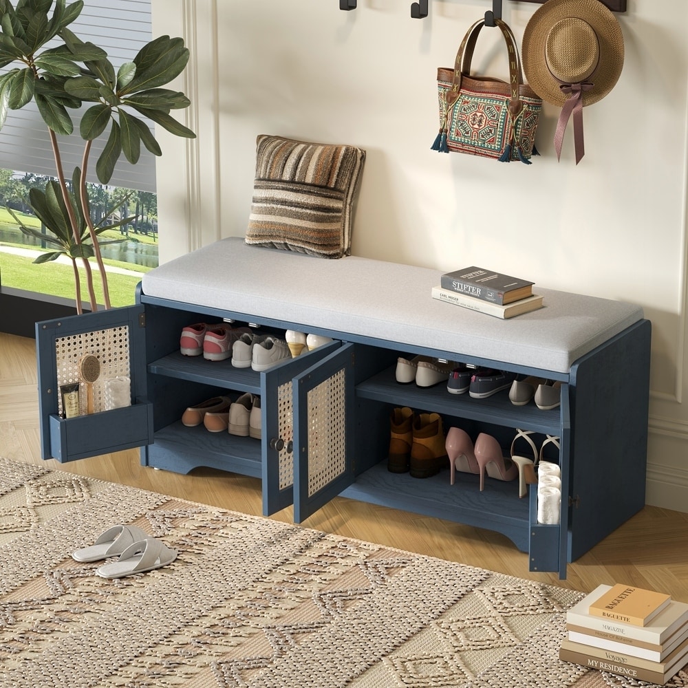 Storage Bench Multifunctional Wood Entryway Shoe Bench with Removable Cushion
