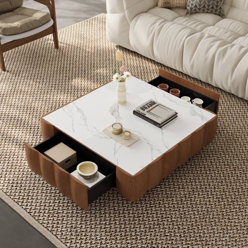 36" Mid-Century Modern Coffee Table - Curved Edge Sintered Stone & Solid Wood Veneer Frame with Hidden Storage Drawer
