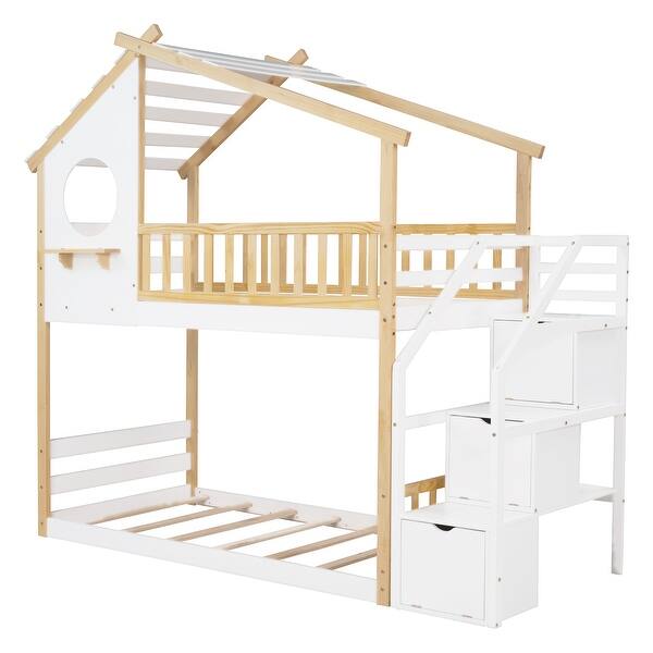 slide 2 of 22, Stairway Twin Over Twin Bunk Bed with Storage & Guard Rail White - Twin