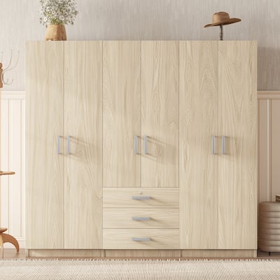 6-Doors Wardrobe Bedroom Brown Armoire with Drawers & Hanging Rail
