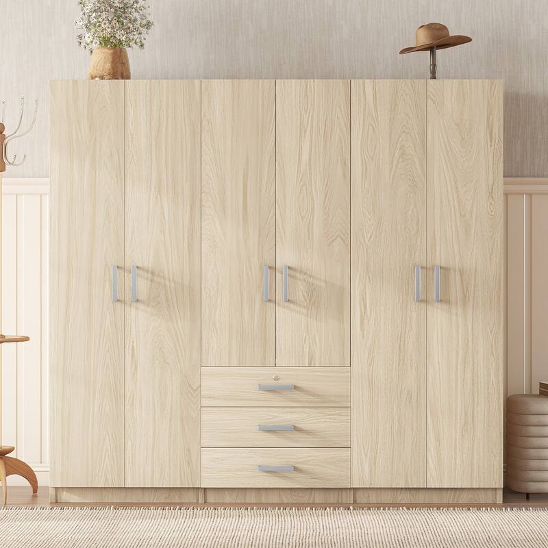 6-Doors Wooden Wardrobe Storage Modern Simple Wardrobe Hidden Wardrobe with Big Drawers and Silver Handles for Cloakroom